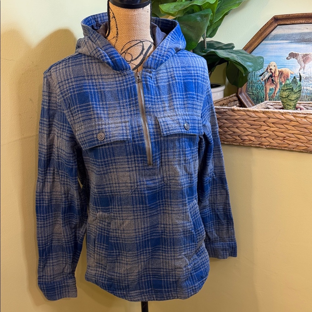 L.L. Bean Blue and Gray Plaid Hooded Half-Zip Jacket